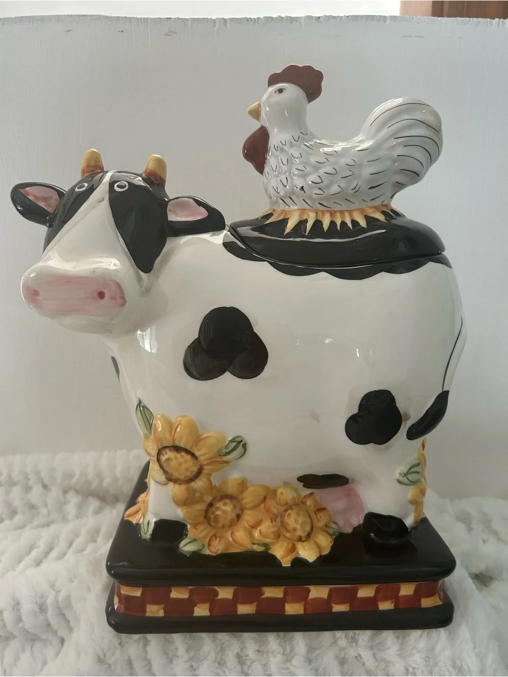 Rare Find Holstein Cow & Rooster Ceramic Cookie Jar - White, Black & Yellow